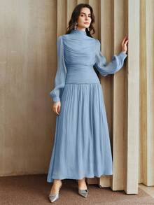 Anewsta Đầm dài tay cổ xếp ly thanh lịch mới dành cho nữ, thích hợp cho mùa thu, đông, xuân, năm mới, tiệc tùng, đám cưới, sang trọng, sành điệu, Giáng sinh, đi chơi. - Màu xanh nhạt - Xem 7