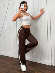 SHEIN PETITE Contrast Tape Side Elastic Waist Sweatpants - Brown - View 5