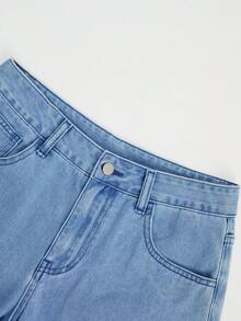 GlowEve 女士休闲水洗镂空花卉刺绣阔腿牛仔裤 - 藍色 - 查看 3