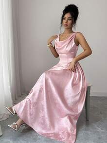 Elenzga Sleeveless Draped Neck Cinched Waist A-Line Satin Jacquard High-Gloss Fabric Light Pink Tie Waist Slimming French Elegant Vacation Dress For Women, Spring/Summer - Pink - View 3