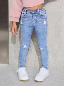 Young Girl' Blue Denim Ripped Skinny Jeans - Light Wash - View 6