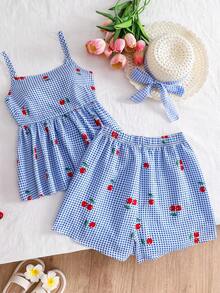 SHEIN 2pcs/Set Teens Girls' Fashion New Spring/Summer Casual Chiffon Bubble Crepe Cherry Digital Print Camisole Top And Digital Print Elastic Waist Shorts Vacation Outfit - Baby Blue - View 1