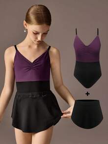 Tween Girls 2 Pieces Set: Burgundy Sleeveless Minimalist Jumpsuit And Skirt. High Stretch Dual-Tone Fabric Splice Design Fitted Ballet Leotard, Suitable For School, Professional Training, Ballet, Gymnastics, Dance Studio, Dancing, Dance Wear - Multicolor - View 9