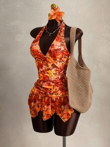 Zestiva Women's 2 Pieces Swimsuit, Fashionable Waist Ruched Front Deep V-Neck Halter Cake Skirt, Summer - Orange - View 4