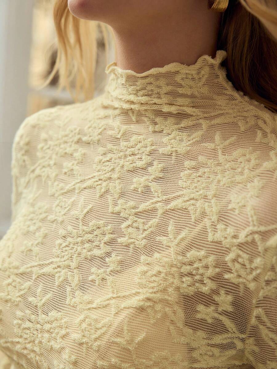 MOTF PREMIUM ELEGANT LACE LONG SLEEVE HIGH NECK SHEER CASUAL UNDERSHIRT FOR WOMEN - Light Yellow - View 1