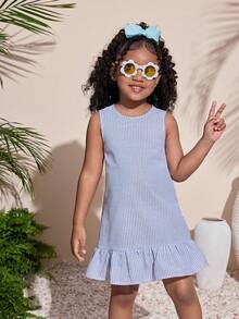 女童蓝色条纹美人鱼尾A字连衣裙，休闲时尚，百搭，适合派对、郊游、姐妹合照、公园、露营、度假、日常休闲等场合。 - 藍色 - 查看 5