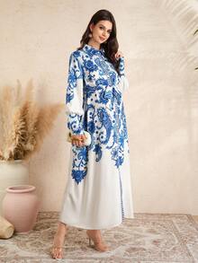 SHEIN Pregnant Women's Elegant Paisley Print Long Sleeve Dress - Blue - View 6