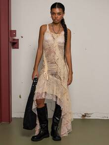 COUREZ 不对称蕾丝吊带长裙 / Y2K 冬季女装外出穿搭黑色连衣裙女式派对礼服圣诞节新年性感优雅 - 奶油色 - 查看 3