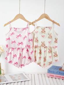 4pcs Girls Cute Bear & Bow Print Camisole & Shorts Pajama Set - Multicolor - View 2