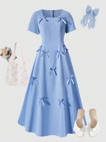 SHEIN Teen Girl Square Neck Regular Shoulder Bow Decor Long Hem Dress, Suitable For Party Or Everyday Wear, Spring/Summer/Autumn - Blue - View 6