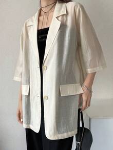 FRIFUL 女士休闲/职业单排扣中袖西装外套，夏季 - 米色 - 查看 7