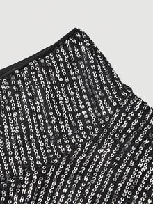 SHEIN MOD 女士黑色亮片低腰荷叶边迷你裙 - 銀色 - 查看 3