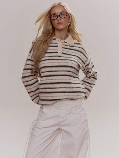 MUSERA Collared Button Front Striped Fluffy Knit Oversized Jumper Cute Girly Sexy Spring Winter Going Out Daily Easter Sugar Swizzle