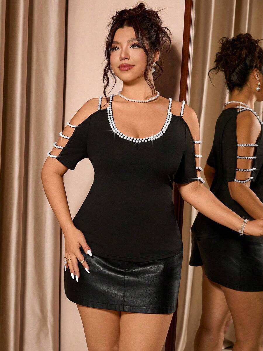 Cravure 大码女式珍珠装饰露肩短袖时尚T恤 - 黑色 - 查看 1