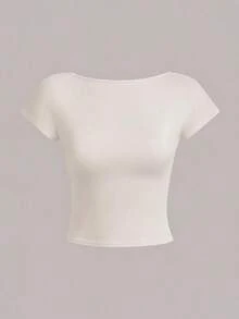 女士露背性感短款紧身T恤，适合夏季穿着 - 卡其色 - 查看 2