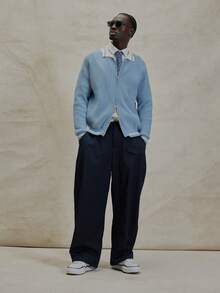 Smart Style Tailored Button Fastening Baggy Trouser Bottoms Front Triangle Pocket Detailing Pants Spring Summer Essentials - Navy Blue - View 1