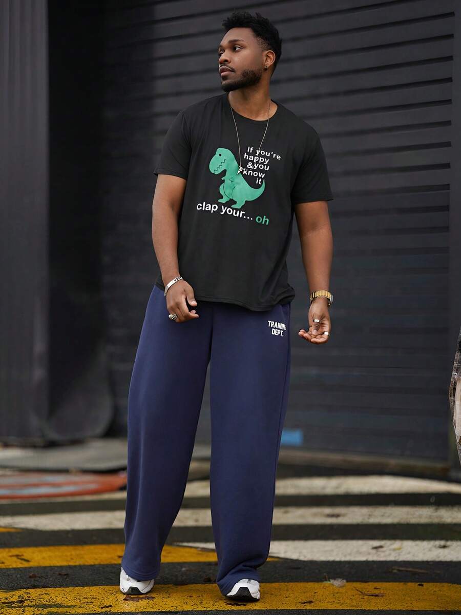 Heavens Edit 男式恐龙口号印花圆领休闲通勤 T 恤 - 黑色 - 查看 1