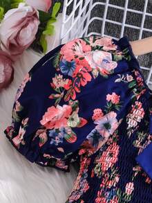 Sparklyn Girls' Allover Print Romper With Square Neck And Puff Sleeves, Summer Vacation Style - Navy Blue - View 6