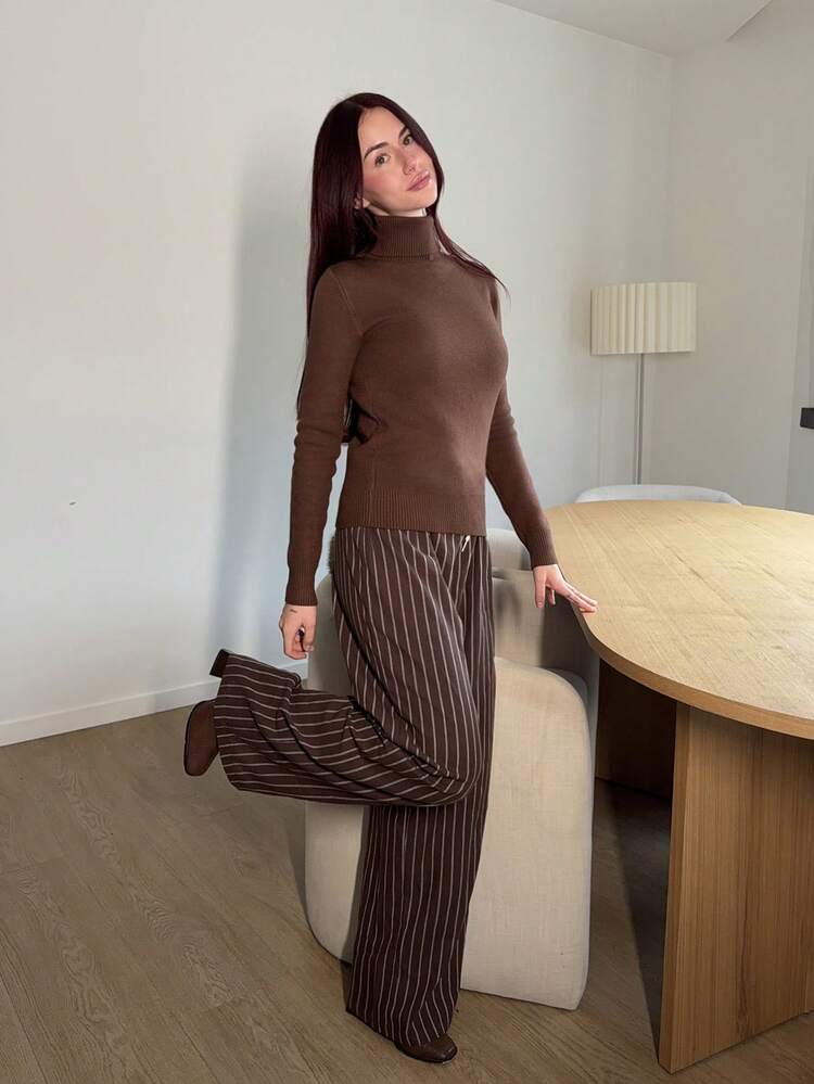 Abrilcols 高领保暖内衬贴身打底长袖毛衣，秋冬季保暖 - 棕色 - 查看 6