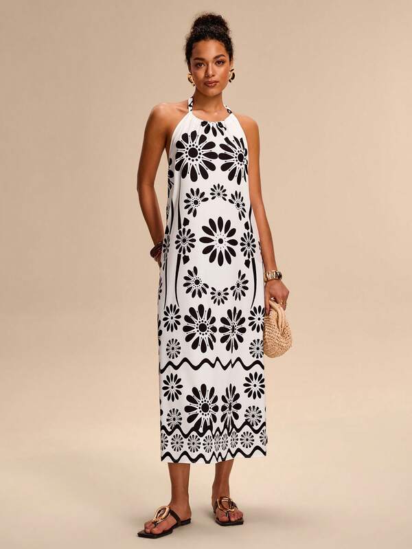 Breezaya Vestido midi con estampado floral, suelto y sin espalda, para uso casual en la playa o de vacaciones