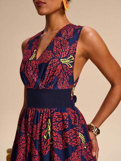 Eryvara Women Navy Blue Floral Deep V-Neck Wrap Maxi Dress,Summer Boho Vacation Holiday Outfits,Slim Fit A-Line Backless Tropical Print Ruffle Elegant Dress