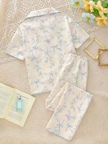 SHEIN 2件套女童碎花蝴蝶结装饰Polo领开衫和裤子休闲舒适宽松家居服套装 - 彩色 - 查看 2