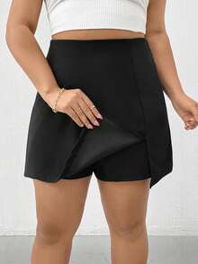 SHEIN Essnce Plus Split Front Solid Skort - Black - View 6