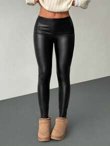 SHEIN PETITE 秋/夏新款简约优雅日常通勤休闲时尚百搭春夏百搭束腰拉链提臀黑色中腰PU皮绒修身裤，适合春夏、机场、教师、办公室等场合穿着。 - 黑色 - 查看 6