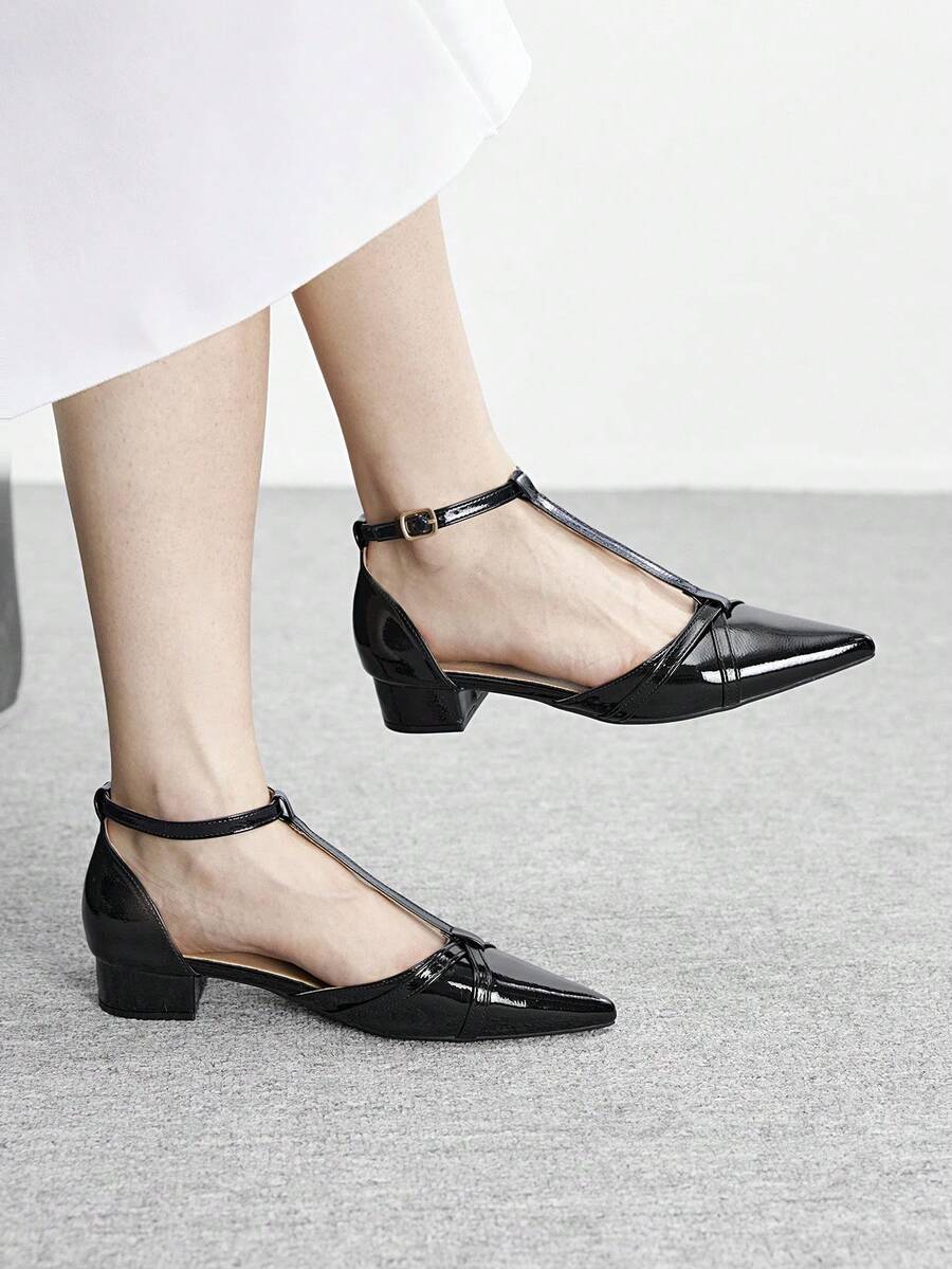 CUCCOO BIZCHIC 女士夏季新款镂空简约优雅粗跟百搭舒适绑带软皮中跟尖头户外凉鞋 - 黑色 - 查看 1