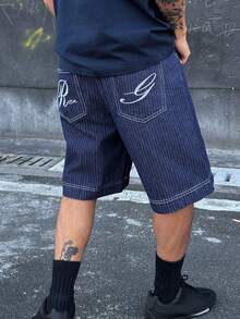 DAZY Quần short denim nam mùa hè, thêu chữ, màu gốc đã giặt. - Màu xanh lam - Xem 5