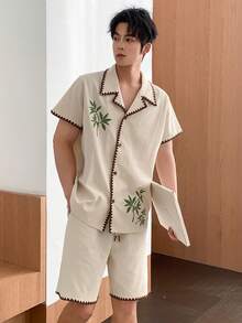 DAZY Herren Sommer Palmen- und Buchstaben-Muster Kurzarm Hemd und Shorts Pyjama Set - Aprikosenfarben - Übersicht 6