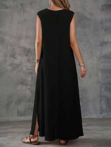 EMERY ROSE 女士休闲无袖V领波西米亚风沙滩长裙，黑白复古热带植物和斑马纹印花，开衩设计，梭织面料，完美适合春夏、西部风情节日和海岛女孩风格。 - 彩色 - 查看 3