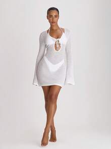 Musera Resort 钩针编织系带宽松罩衫迷你连衣裙泳装度假夏季旅行沙滩装基础款单身派对婚礼新娘单身派对纯色度假风 - 奶油色 - 查看 5