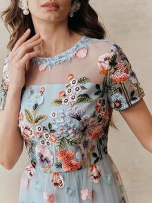 Anewsta Đầm chữ A màu hồng thanh lịch mới, thêu hoa, thích hợp cho kỳ nghỉ, tiệc sinh nhật dành cho nữ. - Màu xanh lam - Xem 2