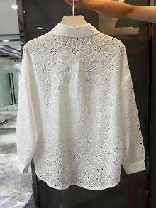 Franclia Women's Summer French Elegant Minimalist Turndown Collar Long Sleeve Hollow Out Embroidery Print Casual Versatile Cardigan Shirt - White - View 2