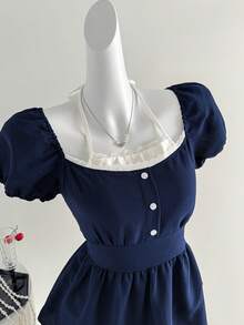 Sweetra Elegant Ruffled Collar Lace-Up Puff Sleeve Blouse, Versatile Design For Early Spring, Feminine Style - Navy Blue - View 2