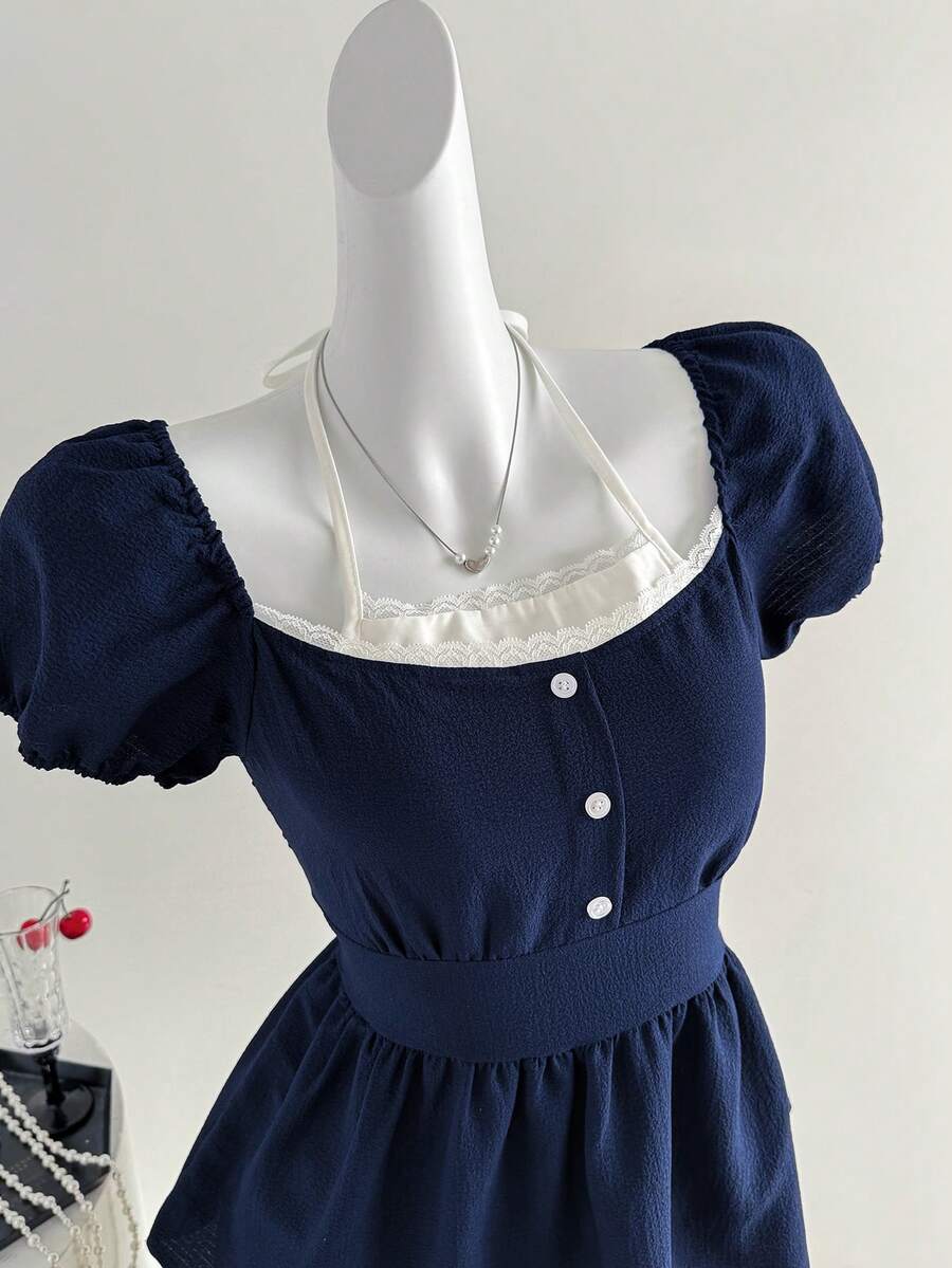 Sweetra 优雅荷叶边领系带泡泡袖衬衫，百搭设计，适合早春穿着，尽显女性柔美气质。 - 藏蓝色 - 查看 1