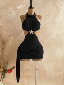 Soleia 新款度假风露背镂空腰部系带修身迷你连衣裙，波西米亚风，度假风，秋季女装，复古风，假日风 - 黑色 - 查看 6