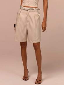 COSMINA 露背系带上衣和短裤套装，条纹两件套，优雅OL套装，杏色，适合办公室、街头风格，时尚搭配套装，夏季女装 - 杏色 - 查看 3