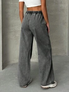 EURMUSE WOMEN Elastic Waist & Belted Cargo Denim JEANS MID WAIST - Light Grey - View 2