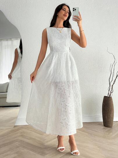 EURMUSE Elegant White Sleeveless Open-Back Long Dress With Waist Detail, Cotton Embroidery Perfect For Special Occasions Regular Fit