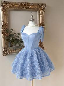 Lovelzi Elegant Blue Satin Strapless Mermaid Dress With 3D Floral Decor,Ruffle Hem,Suitable For Wedding,Cocktail Party,Graduation,Vacation,Afternoon Tea,Gala - Baby Blue - View 7