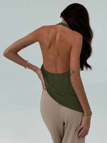 Aloruh Minimalist Commuter Halter Chic Plunging Neckline Bodycon Cami Top For Women - Army Green - View 2