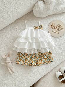 两件套可爱女宝宝夏季度假荷叶边吊带背心和印花短裤套装 - 白色 - 查看 5