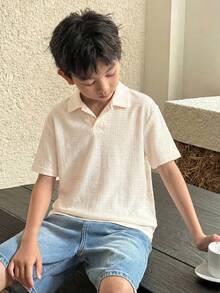 SHEIN Little Byeori Tween Boy Collared Solid Color Short Sleeve Polo Shirt,Kids - Apricot - View 3