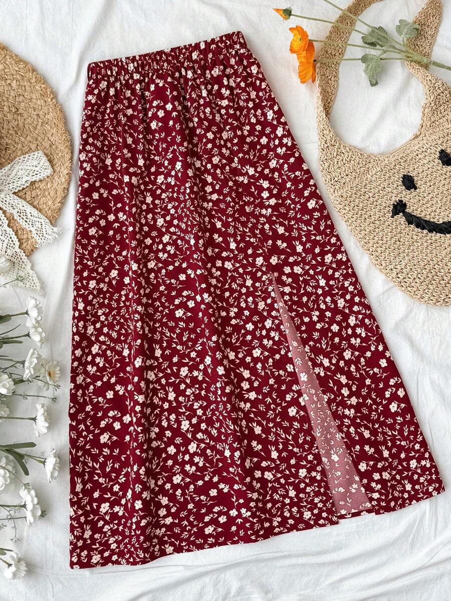 SHEIN 少女酒红色碎花高低摆半身裙 - 酒紅色 - 查看 1