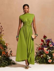 Zivah 2026春夏新款音乐节、复活节、圣帕特里克节、情人节、约会、西部风、游牧风、生日派对、毕业典礼、大学、波西米亚风、通勤、早午餐、机场、派对 V领短袖褶皱腰A字长裙，露背设计，不对称下摆，绿色 - 綠色 - 查看 1