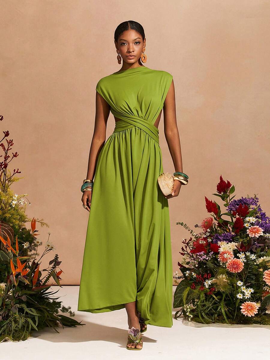 Zivah 2026春夏新款音乐节、复活节、圣帕特里克节、情人节、约会、西部风、游牧风、生日派对、毕业典礼、大学、波西米亚风、通勤、早午餐、机场、派对 V领短袖褶皱腰A字长裙，露背设计，不对称下摆，绿色 - 綠色 - 查看 1