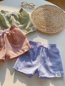 SHEIN 男女宝宝三件套可爱薄纱条纹泳裤泳衣套装，适合海滩、游泳和日常穿着 - 彩色 - 查看 3