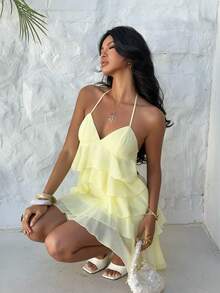 Aloruh Women's Elegant Sexy Fashionable Romantic Date/Graduation/Party Layered Ruffle Halter Backless Tie Strap Mini Dress, Light Yellow, Spring/Summer - Light Yellow - View 6